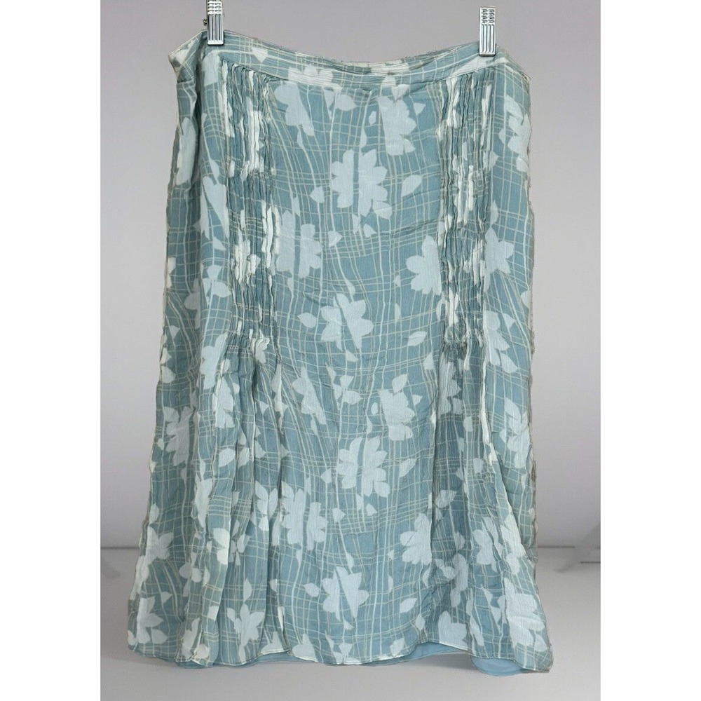 I.E. Skirt Womens 14 Teal Blue Floral 100% Silk Lined Y2K Pleated Knee Length